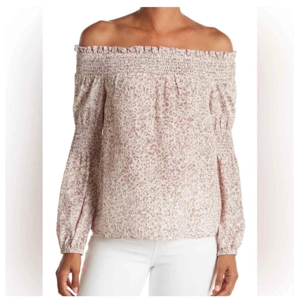 L’Agence Mona Silk Off The Shoulder Leopard Animal Print Silk Blouse Small